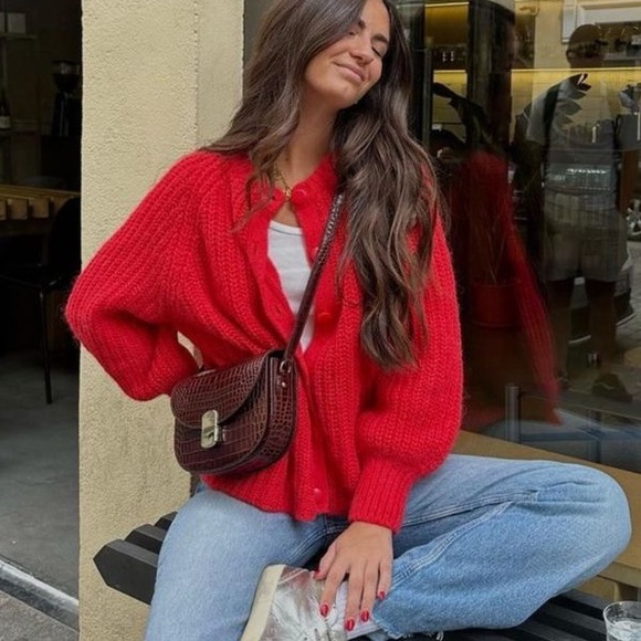 Sezane Emile Cardigan Red Knit Jumper Alpaca Wool - Picture 2 of 10